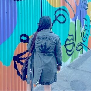 Custom Designer Hunter green military style jacket long with custom patchwork